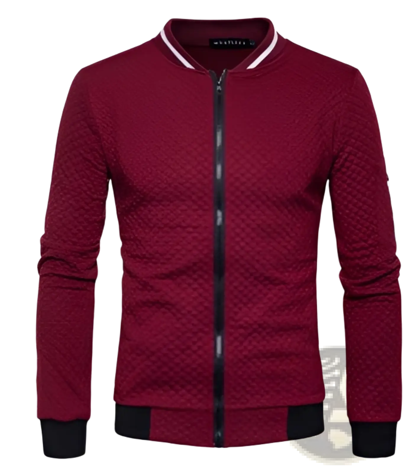 Men’s maroon quilted bomber jacket with stand collar black zipper and ribbed cuffs made from warm material