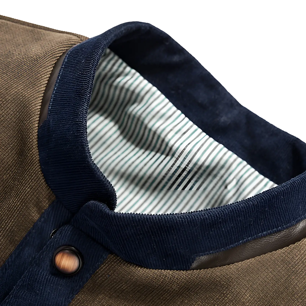 Men’s quilted corduroy color block casual jacket in brown with navy blue ribbed collar and matching button closure
