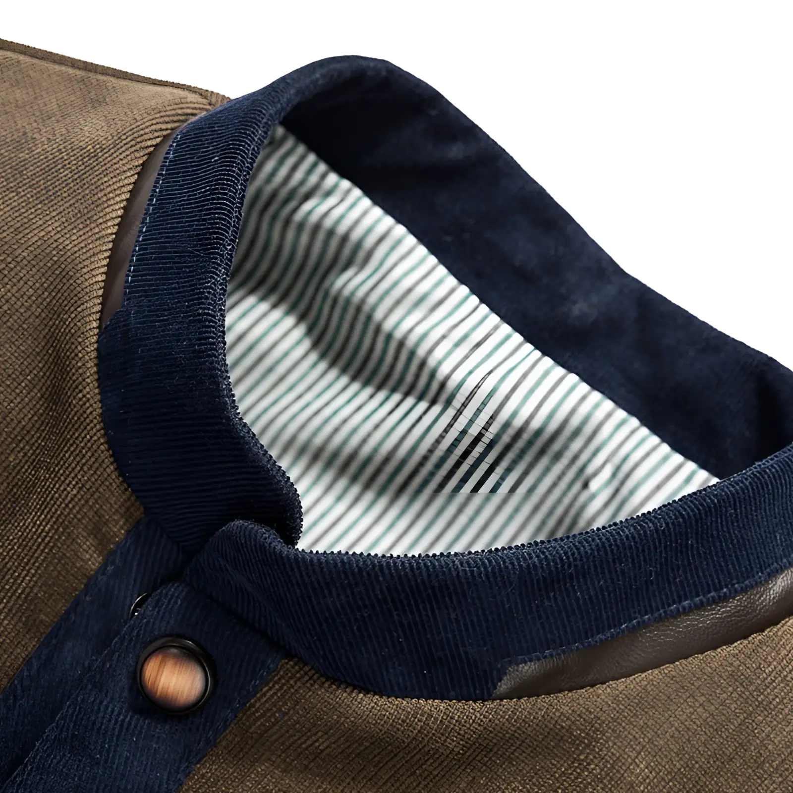 Men’s quilted corduroy color block casual jacket in brown with navy blue ribbed collar and matching button closure