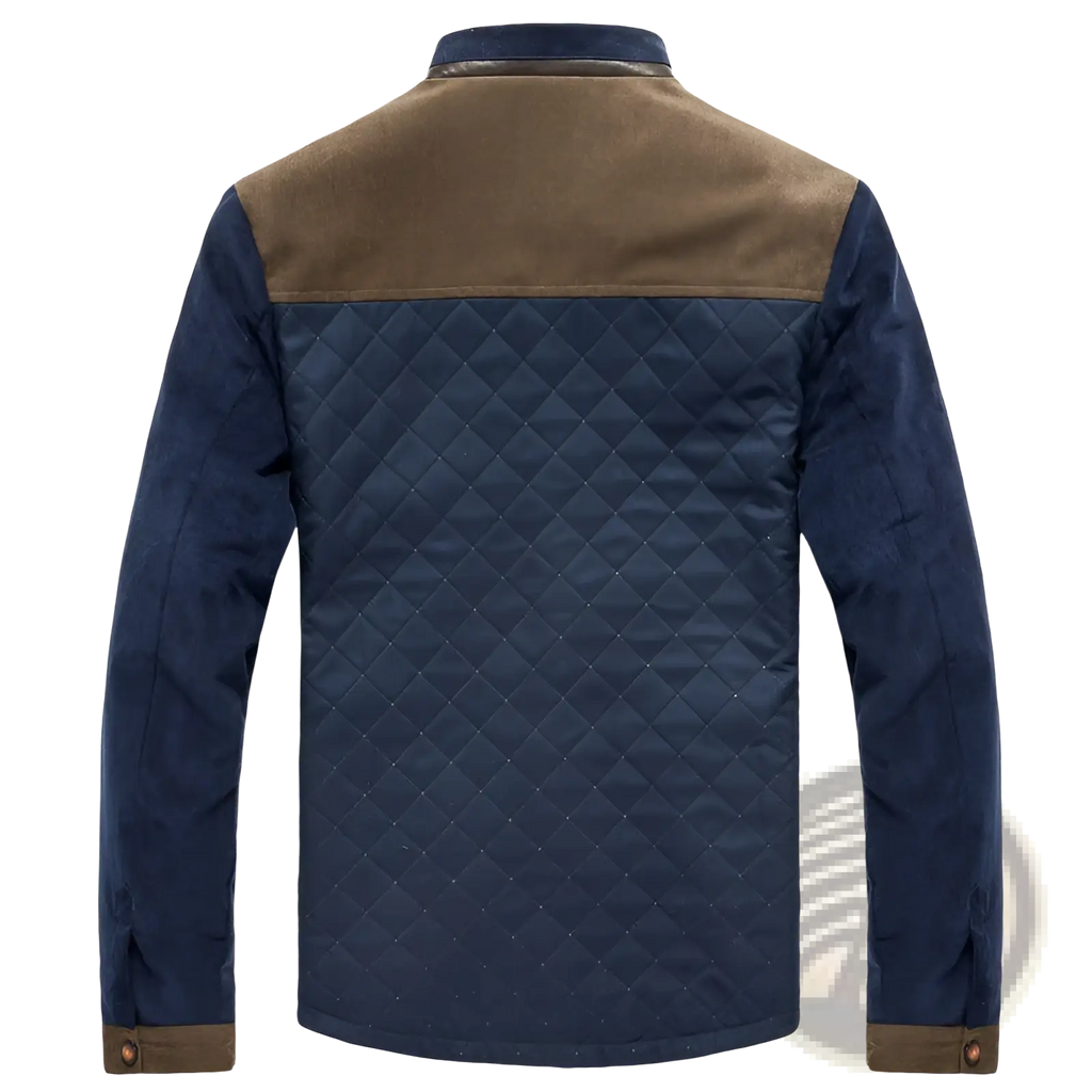 Men’s navy blue quilted corduroy color block casual jacket with brown suede accents on shoulders and cuffs