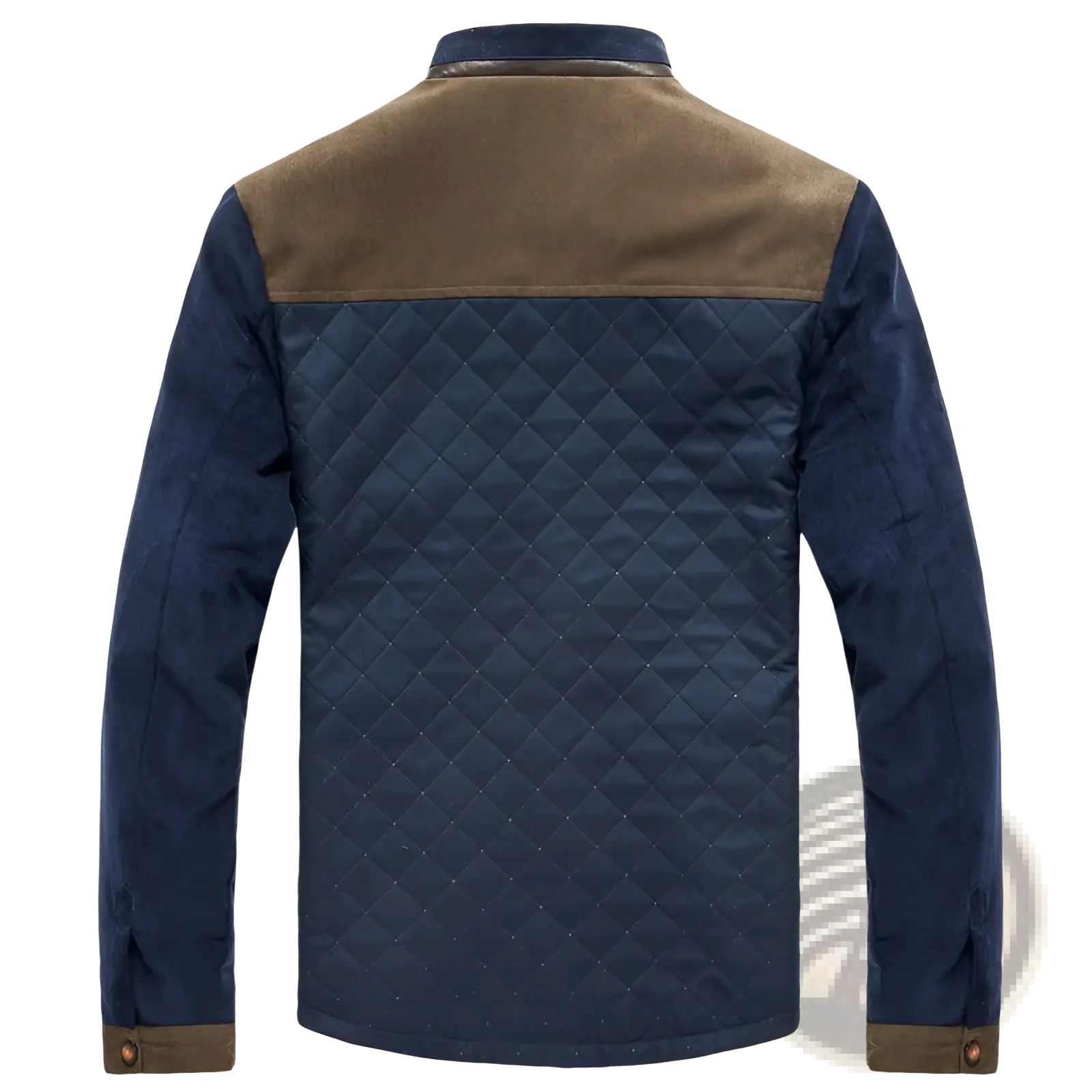 Men’s navy blue quilted corduroy color block casual jacket with brown suede accents on shoulders and cuffs
