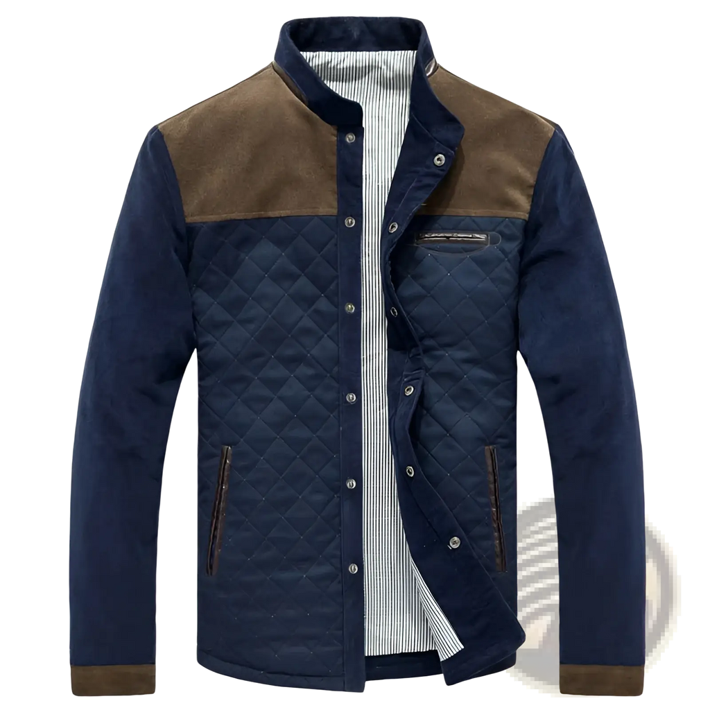 Men’s quilted corduroy color block casual jacket in navy blue with brown suede accents and striped inner lining