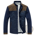 Men’s quilted corduroy color block casual jacket in navy blue with brown suede accents and striped inner lining