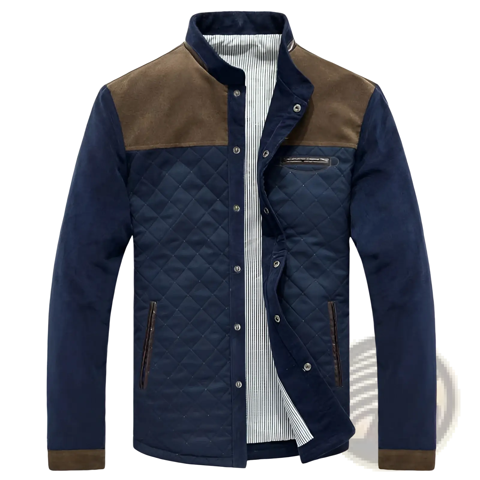 Men’s quilted corduroy color block casual jacket in navy blue with brown suede accents and striped inner lining
