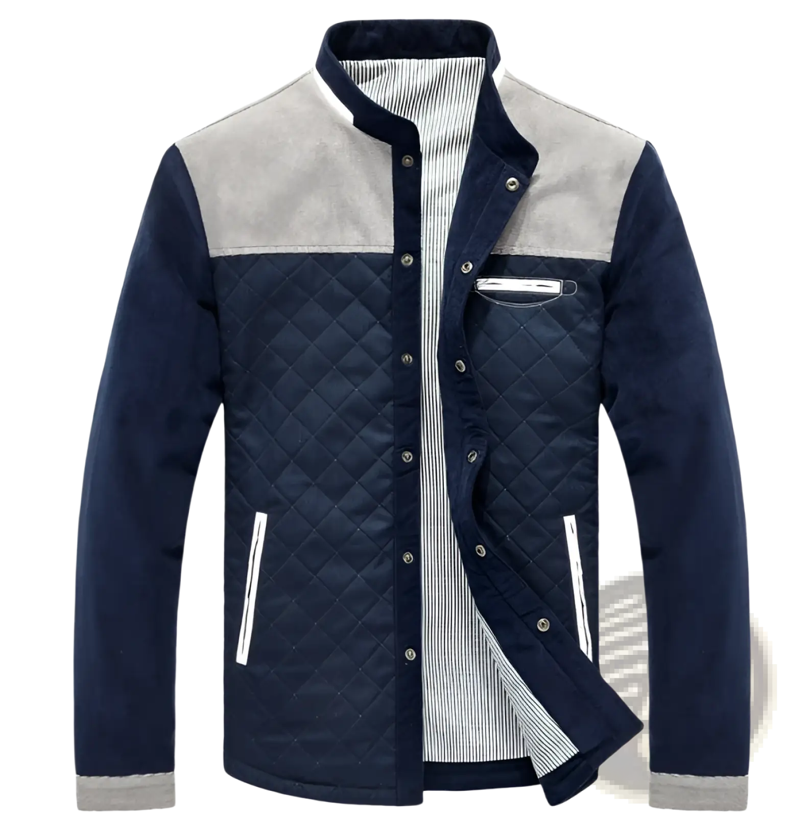 Men’s quilted corduroy color block casual jacket in navy blue and gray with striped inner lining
