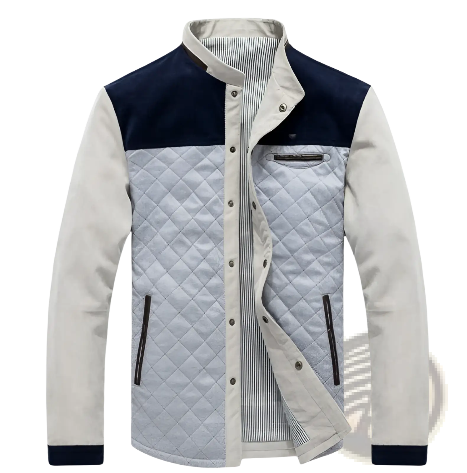 Men’s quilted corduroy color block casual jacket in navy blue and beige with button front and striped lining