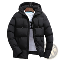 Men’s black quilted cotton hooded puffer jacket with front zipper, drawstrings, and insulated panels for cold weather
