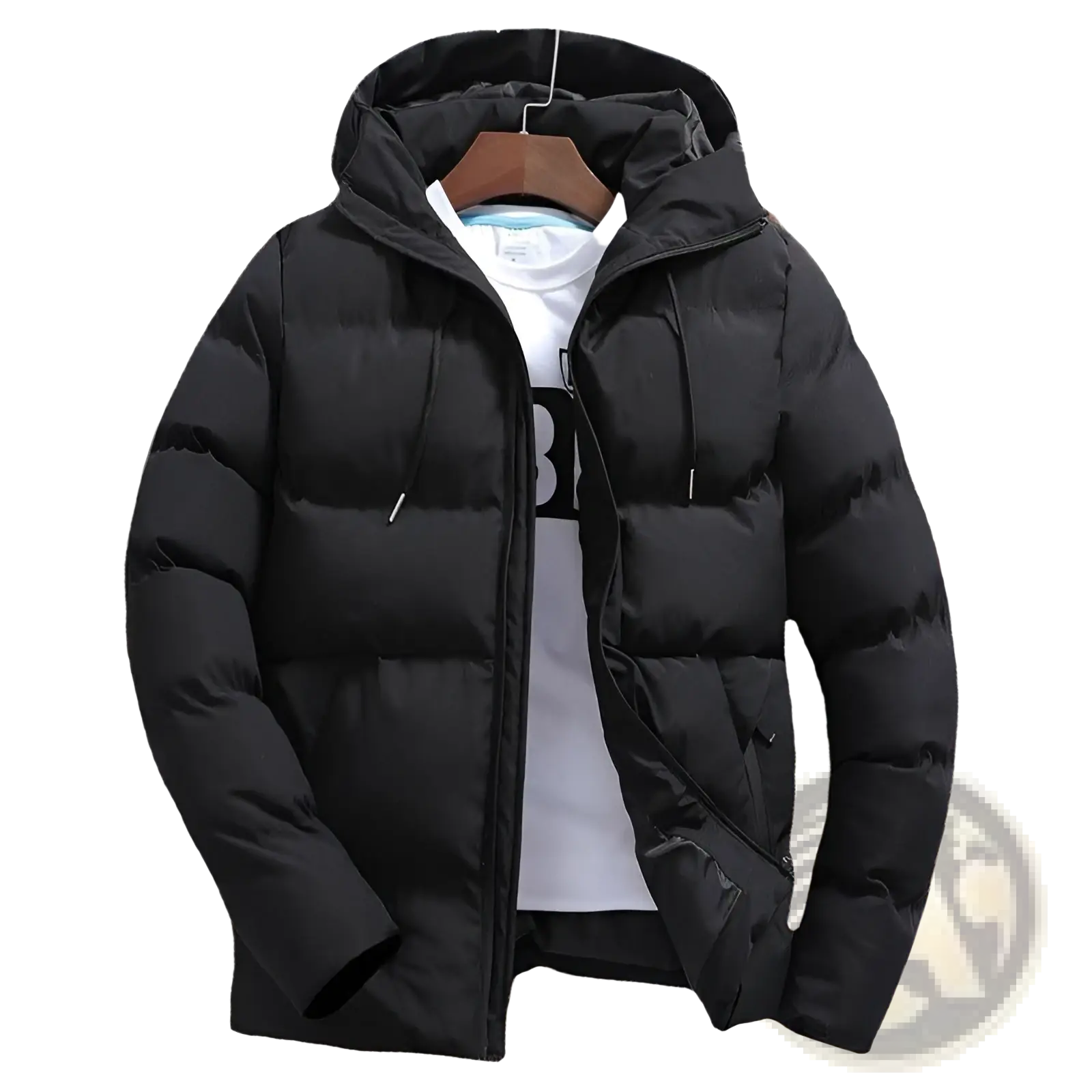 Men’s black quilted cotton hooded puffer jacket with front zipper, drawstrings, and insulated panels for cold weather