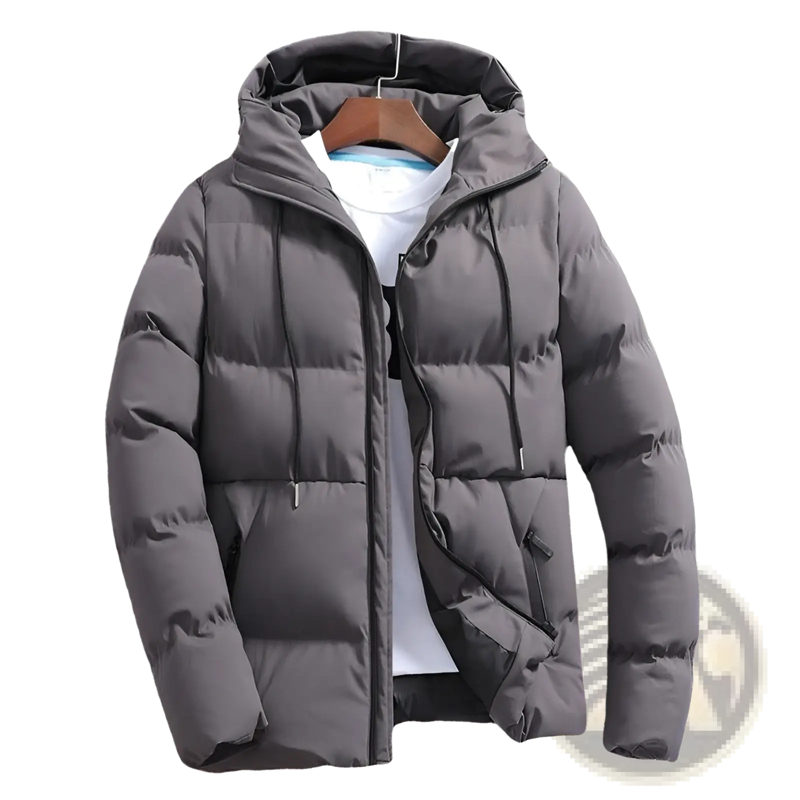 Men’s dark gray quilted cotton hooded puffer jacket with front zipper and black drawstrings for cold weather use