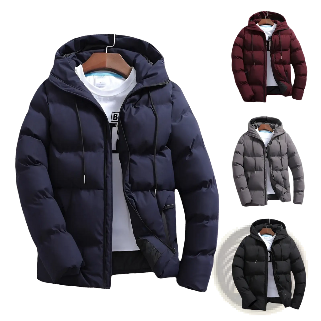 Men’s dark navy quilted cotton hooded puffer jacket with front zipper and insulated stitching