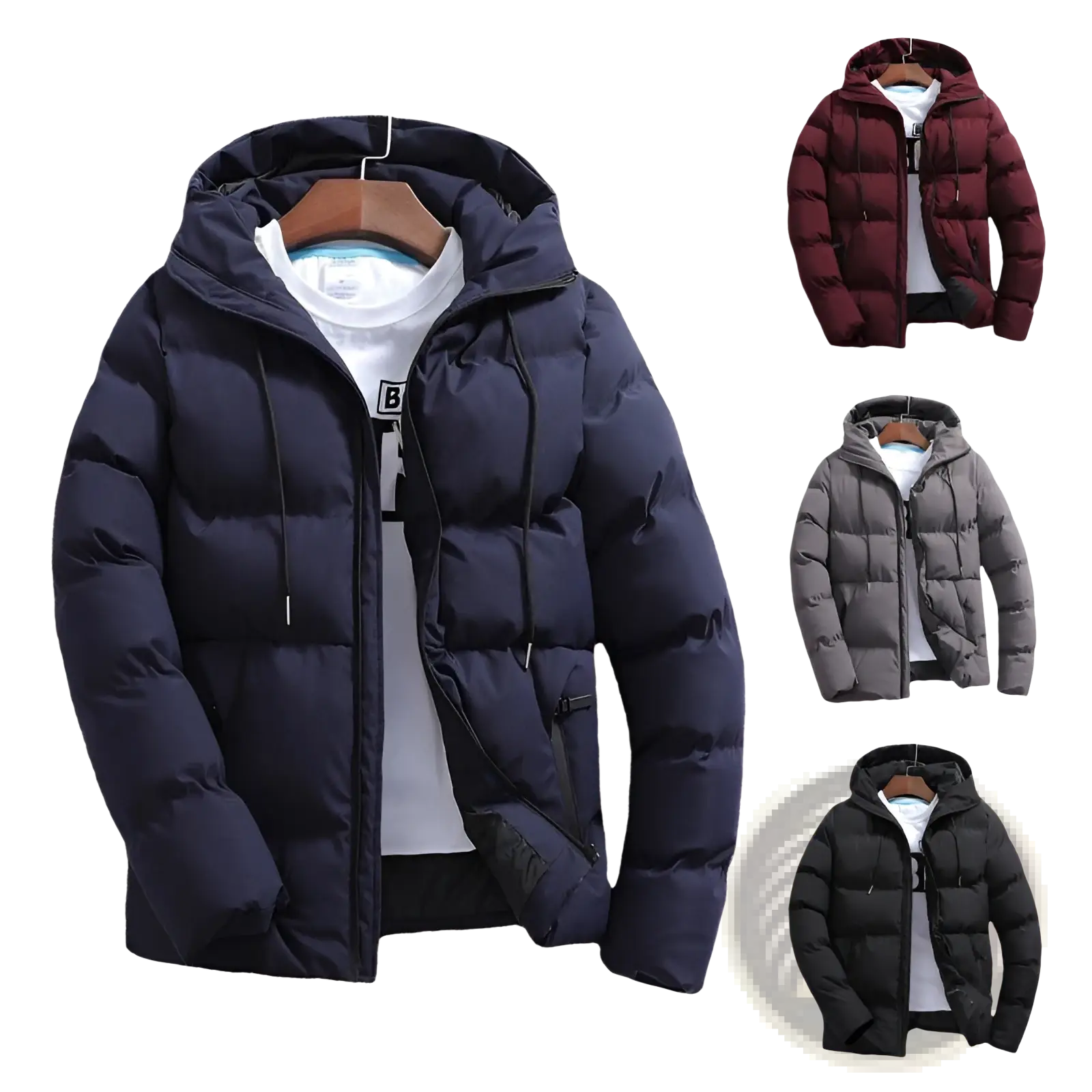 Men’s dark navy quilted cotton hooded puffer jacket with front zipper and insulated stitching