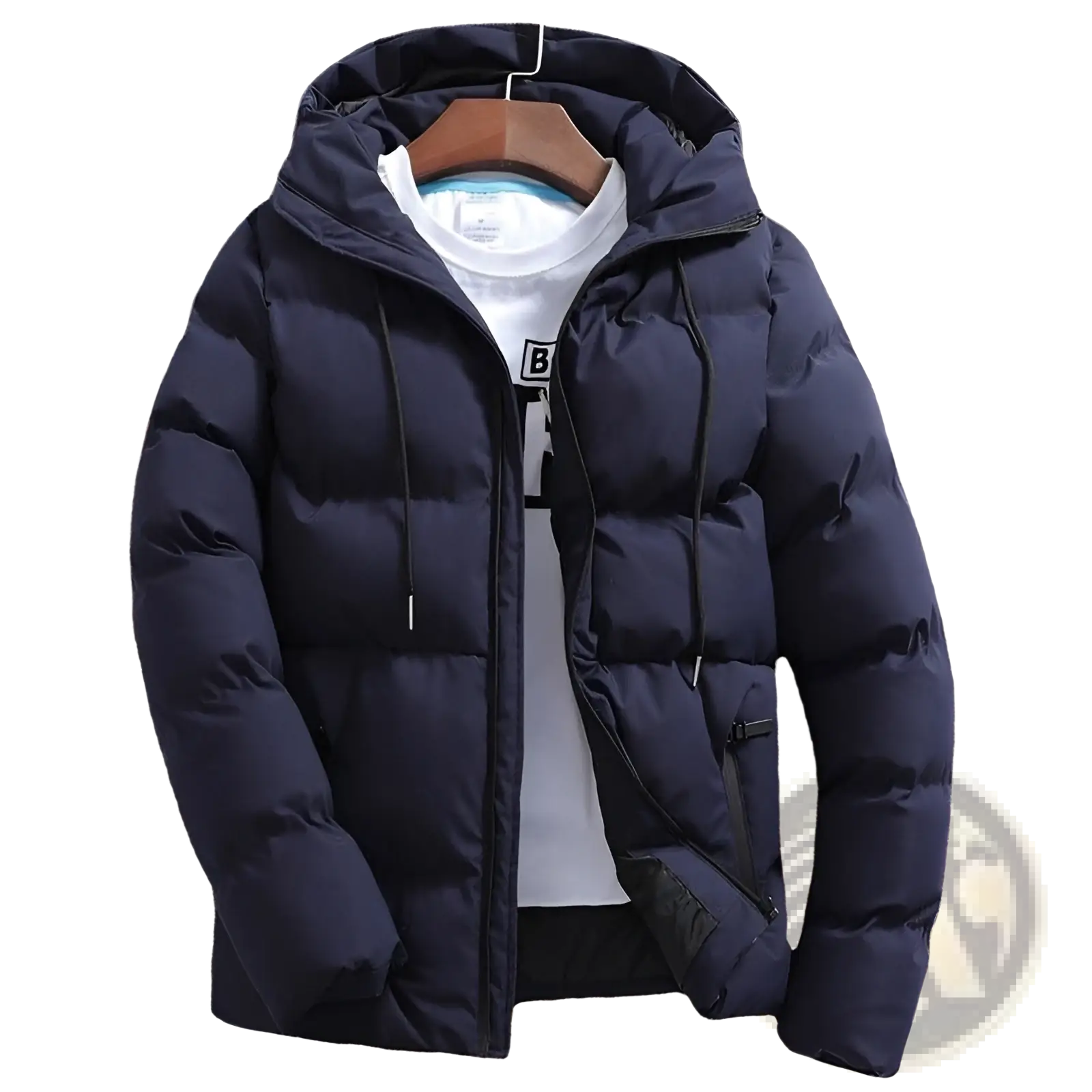 Men’s quilted cotton hooded puffer jacket in dark navy with a hood and black drawstrings