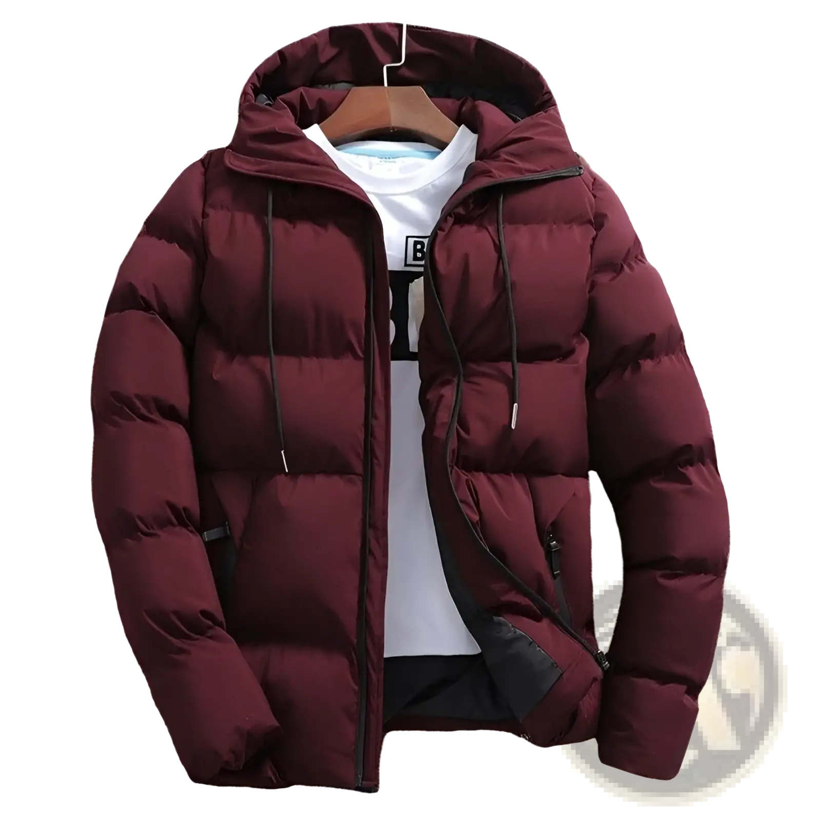 Men’s quilted cotton hooded puffer jacket in maroon with black zipper accents and a hood
