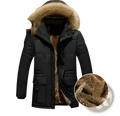 Men’s black quilted down parka with plush brown fur lined detachable hood and matching interior lining