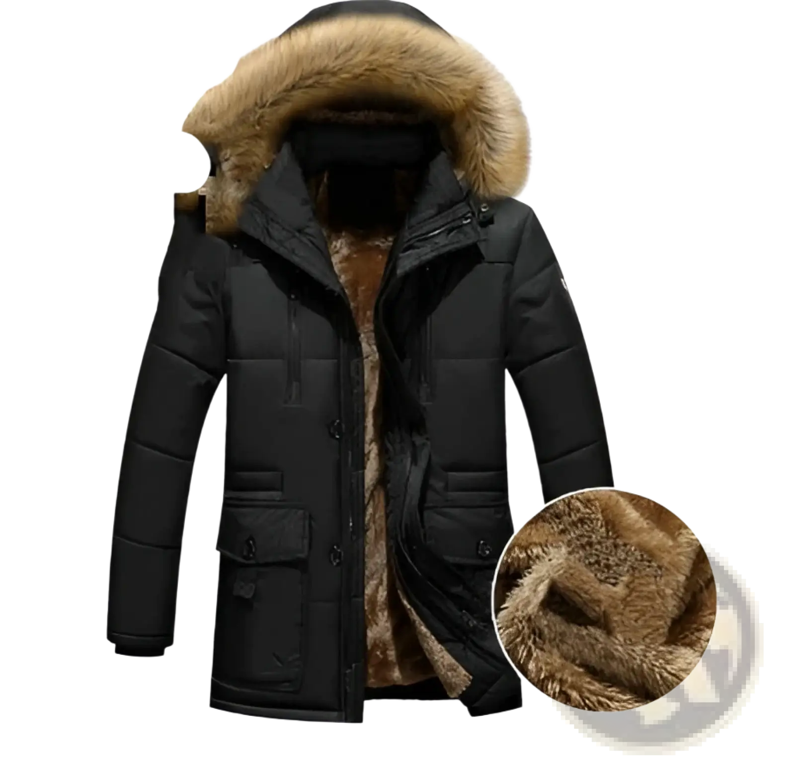 Men’s black quilted down parka with plush brown fur lined detachable hood and matching interior lining