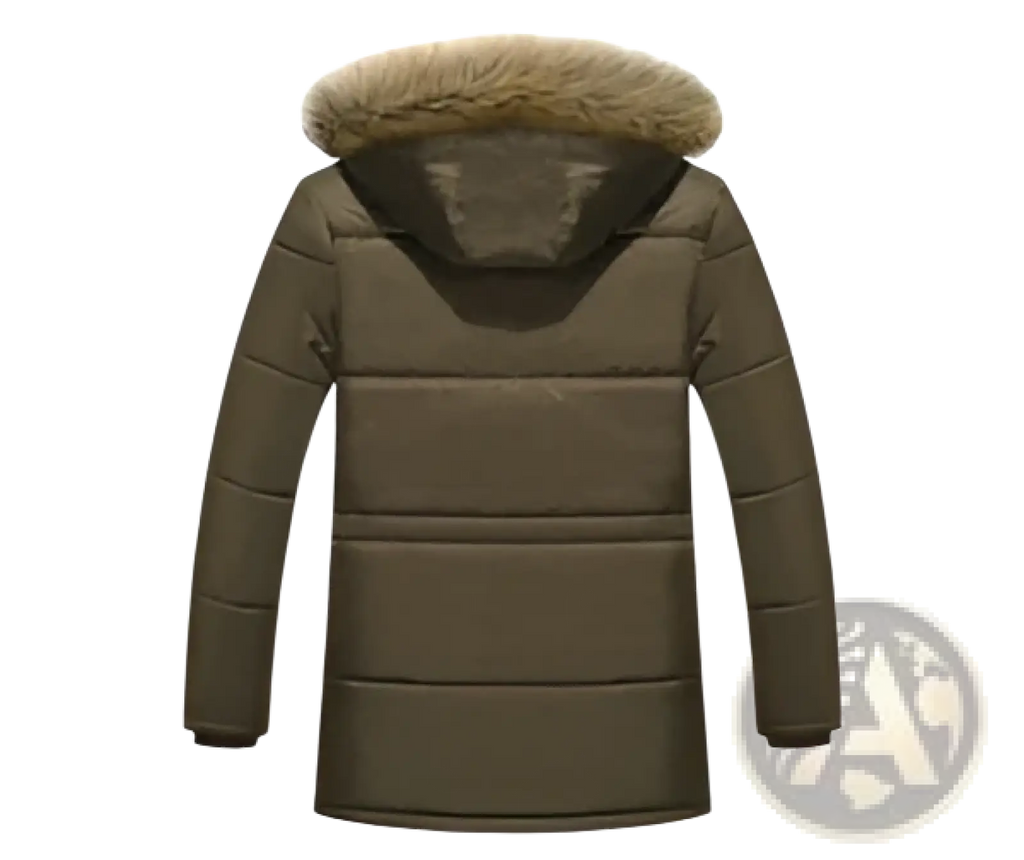Men’s olive green quilted down parka with detachable fur lined hood for winter warmth and comfort