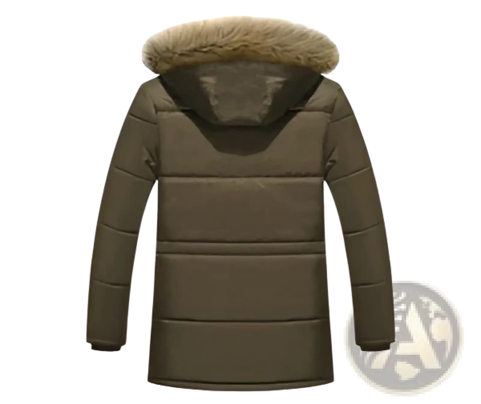 Men’s olive green quilted down parka with detachable fur lined hood for winter warmth and comfort