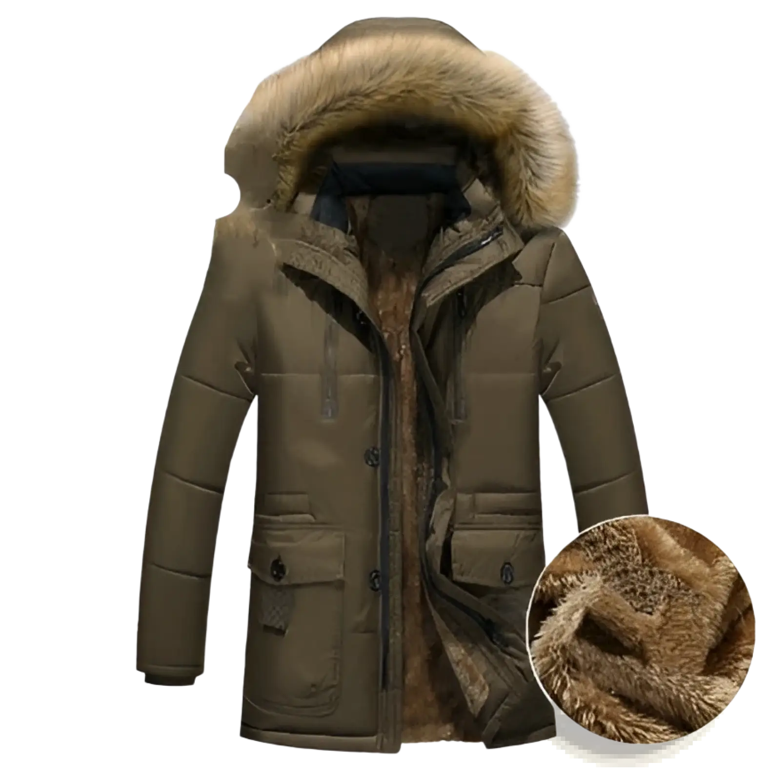 Men’s olive green quilted down parka with plush brown fur lined detachable hood and matching interior lining