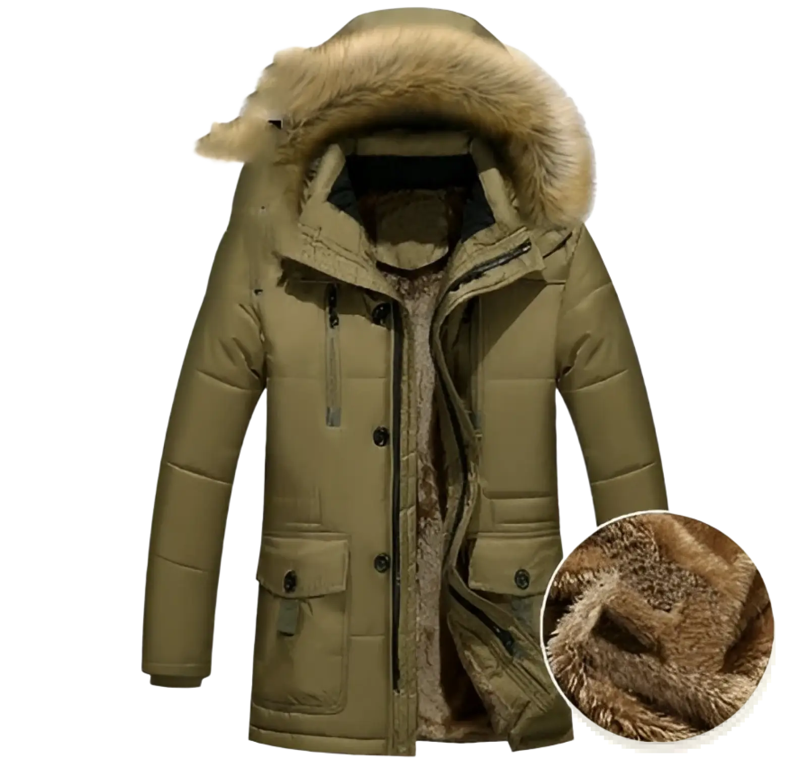 Men’s olive green quilted down parka with plush fur lined detachable hood and front pockets for winter warmth
