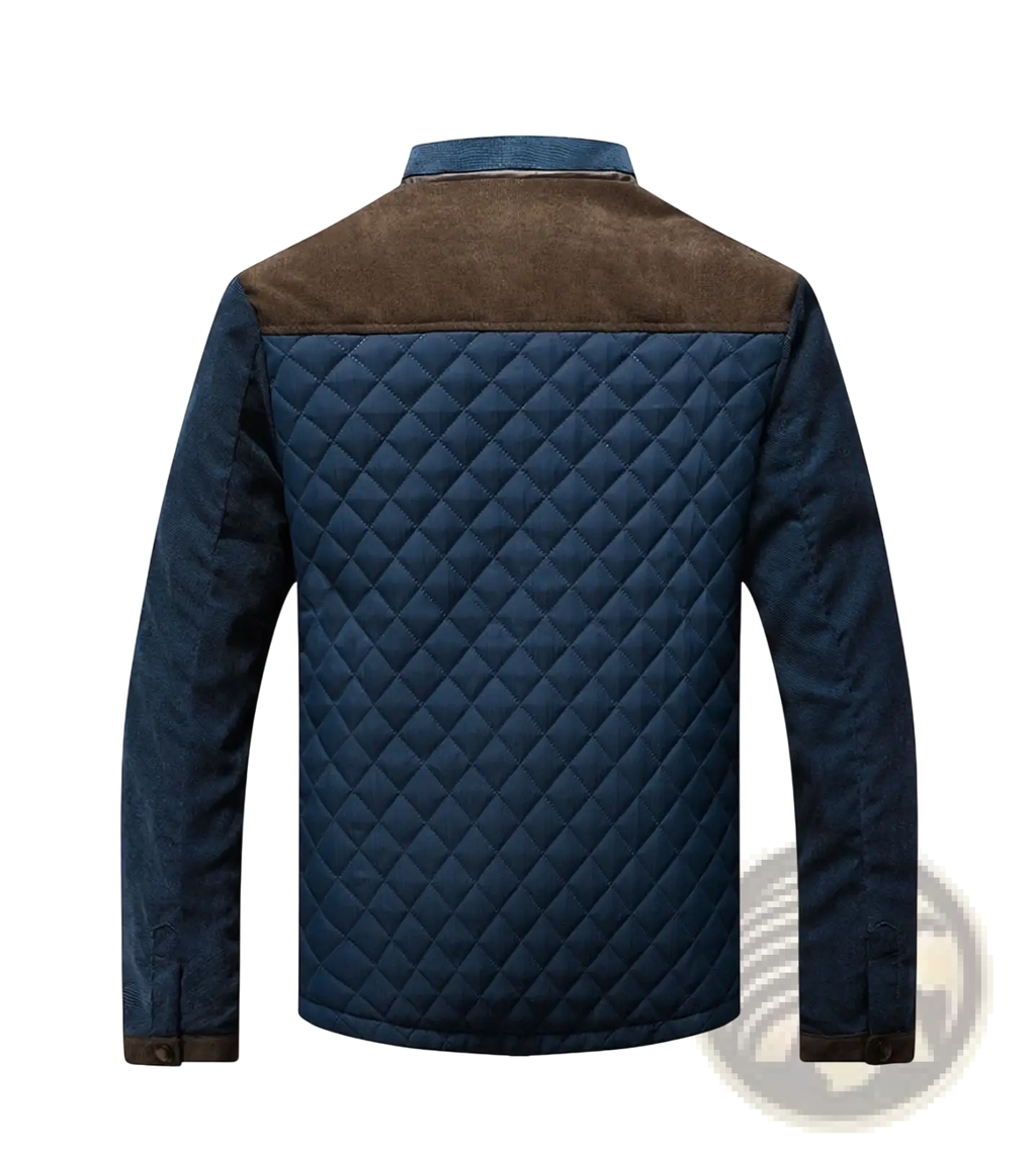 Men’s quilted jacket with brown and navy blue cotton exterior and suede collar for stylish outerwear