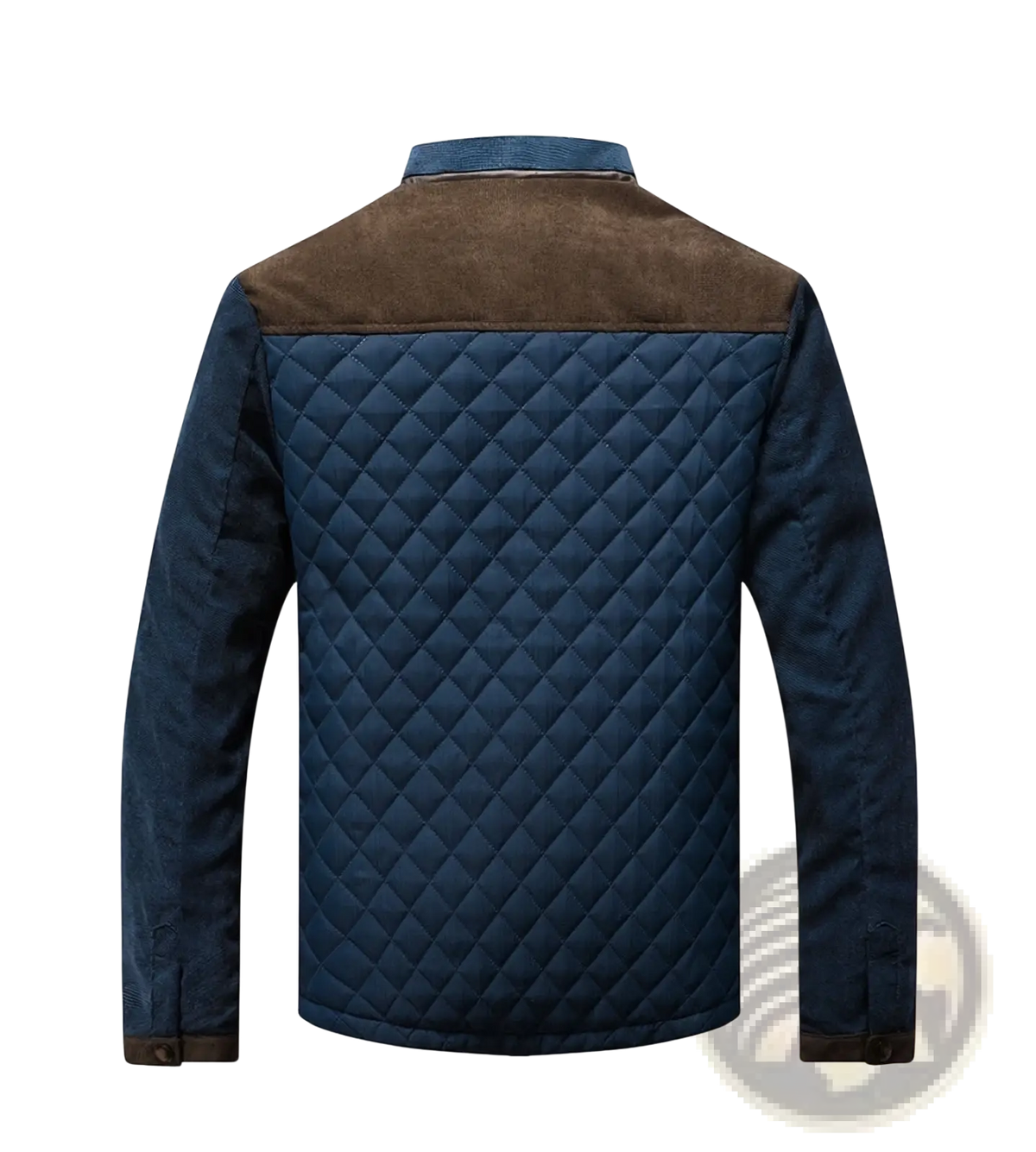 Men’s quilted jacket with brown and navy blue cotton exterior and suede collar for stylish outerwear