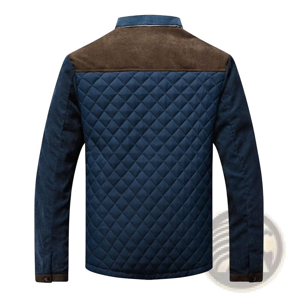 Dark blue men’s quilted jacket with brown suede collar and sleeve cuffs made of cotton outerwear