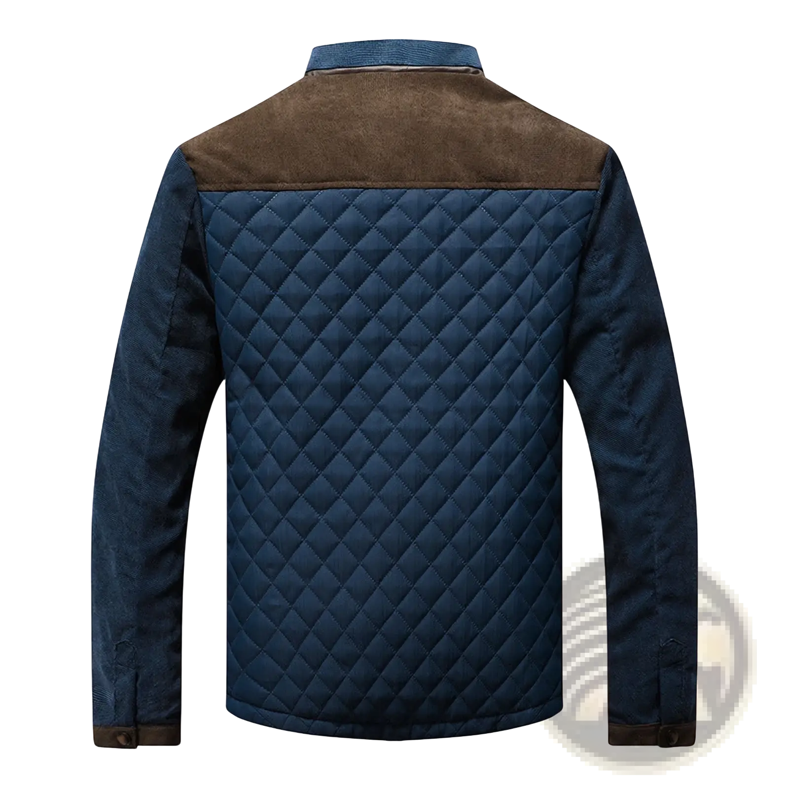 Dark blue men’s quilted jacket with brown suede collar and sleeve cuffs made of cotton outerwear