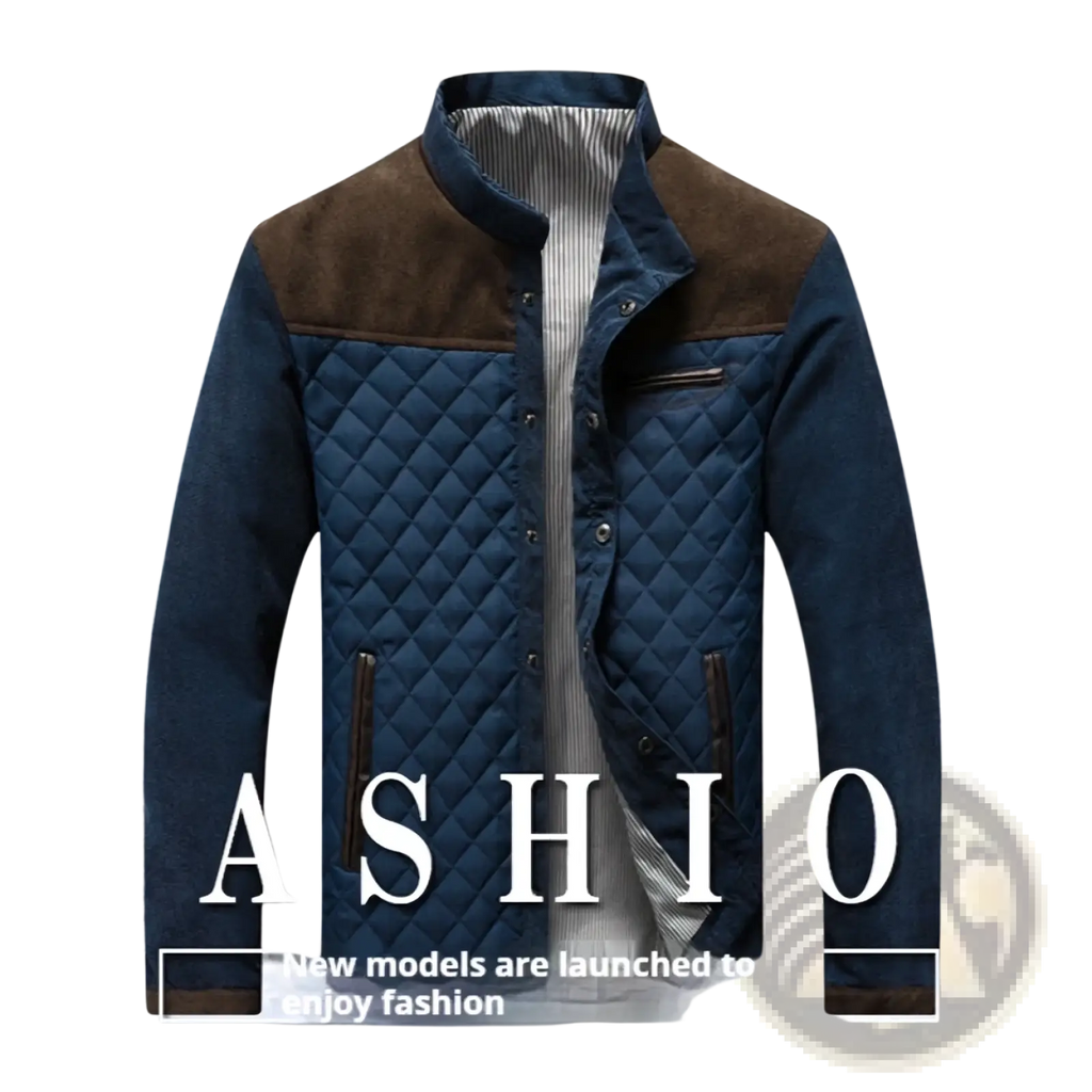 Men’s navy blue and brown quilted jacket with suede collar and striped cotton inner lining outerwear