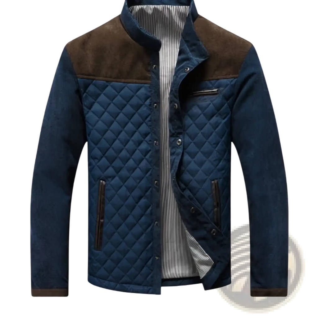 Men’s blue quilted jacket with brown suede collar and striped cotton inner lining for stylish outerwear