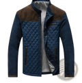 Men’s blue quilted jacket with brown suede collar and striped cotton inner lining for stylish outerwear