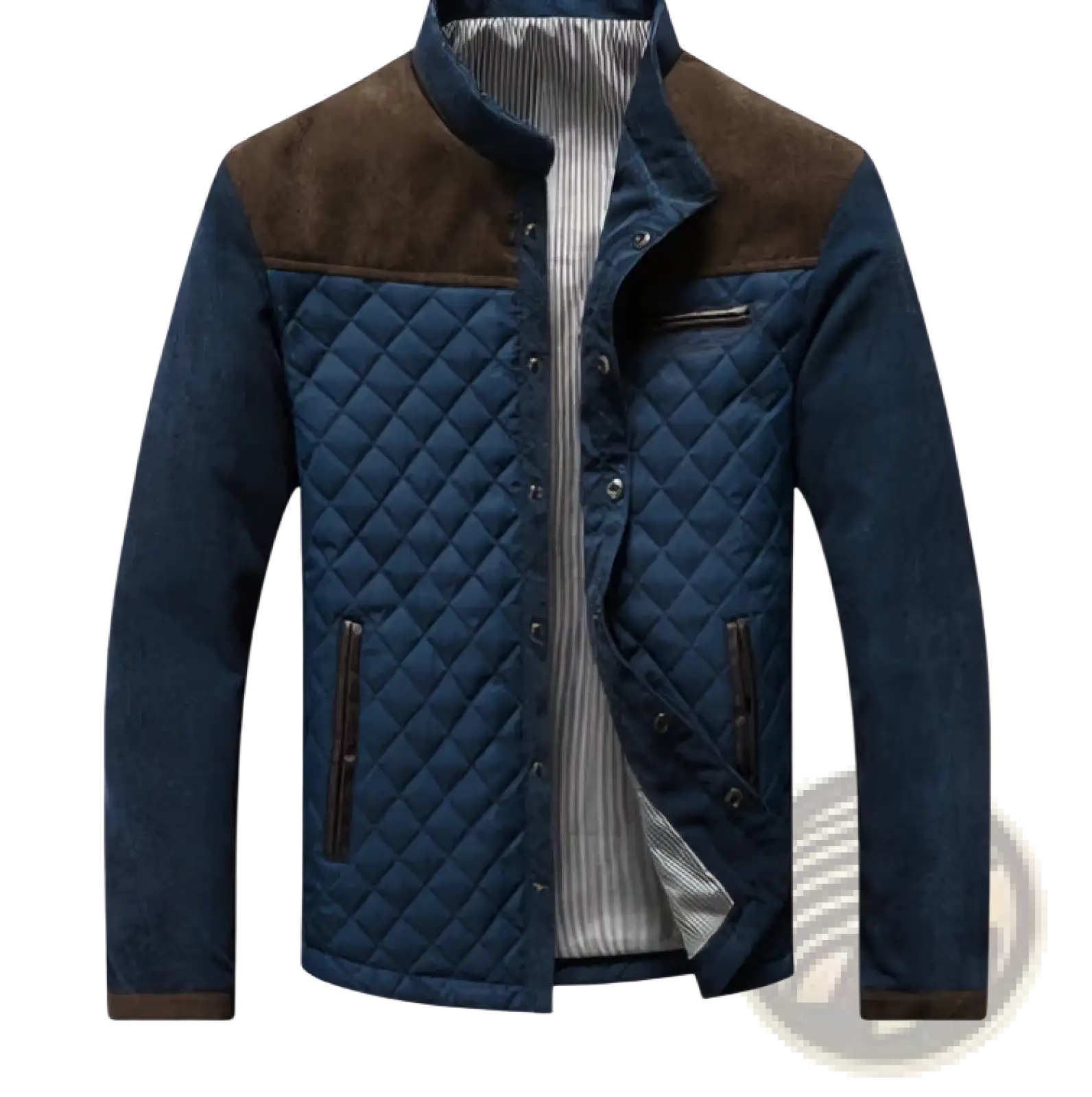 Men’s blue quilted jacket with brown suede collar and striped cotton inner lining for stylish outerwear