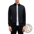 Men’s black quilted lightweight bomber jacket with stand collar and ribbed cuffs featuring a sleek modern design