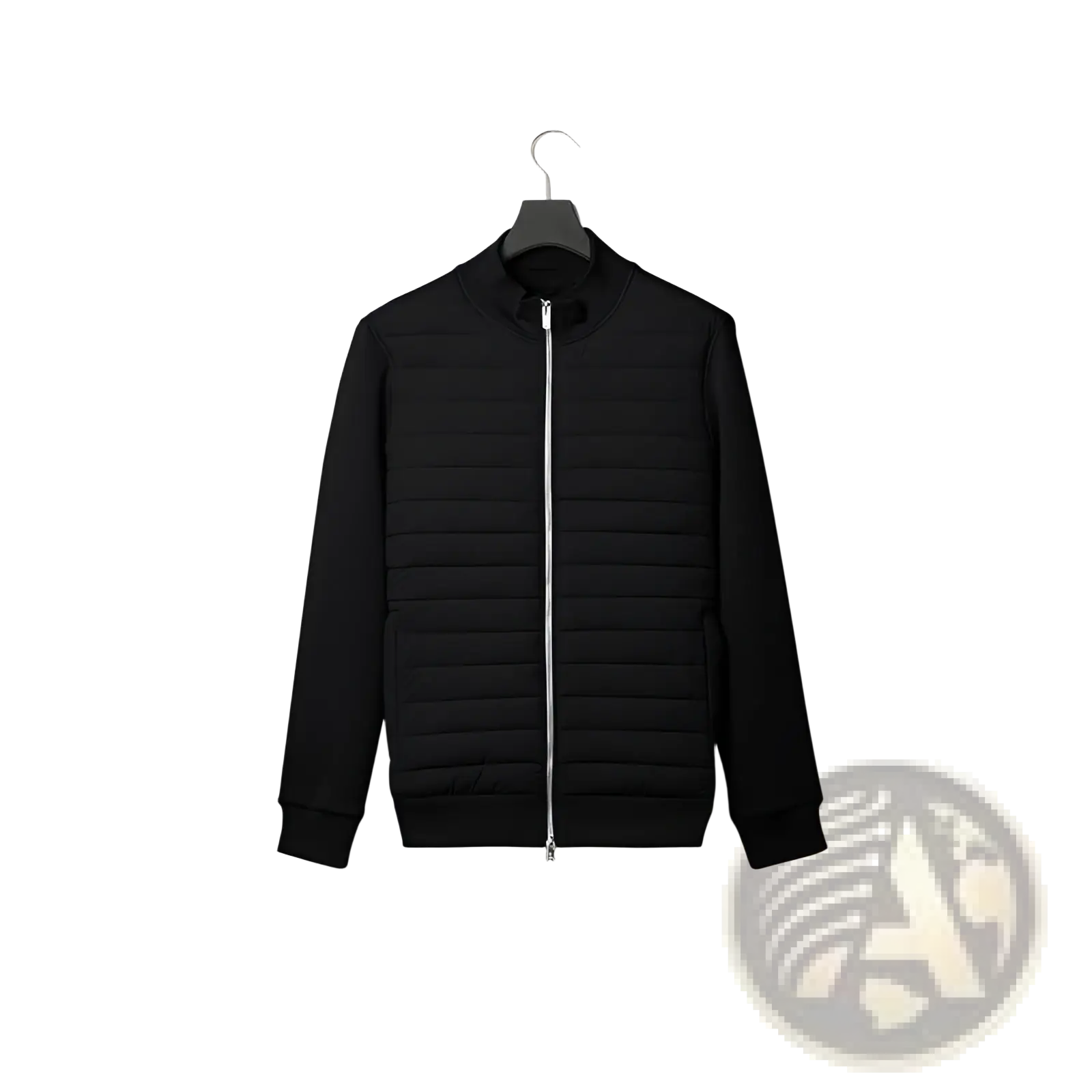 Men’s black quilted lightweight bomber jacket with stand collar and silver zip closure in sleek modern design