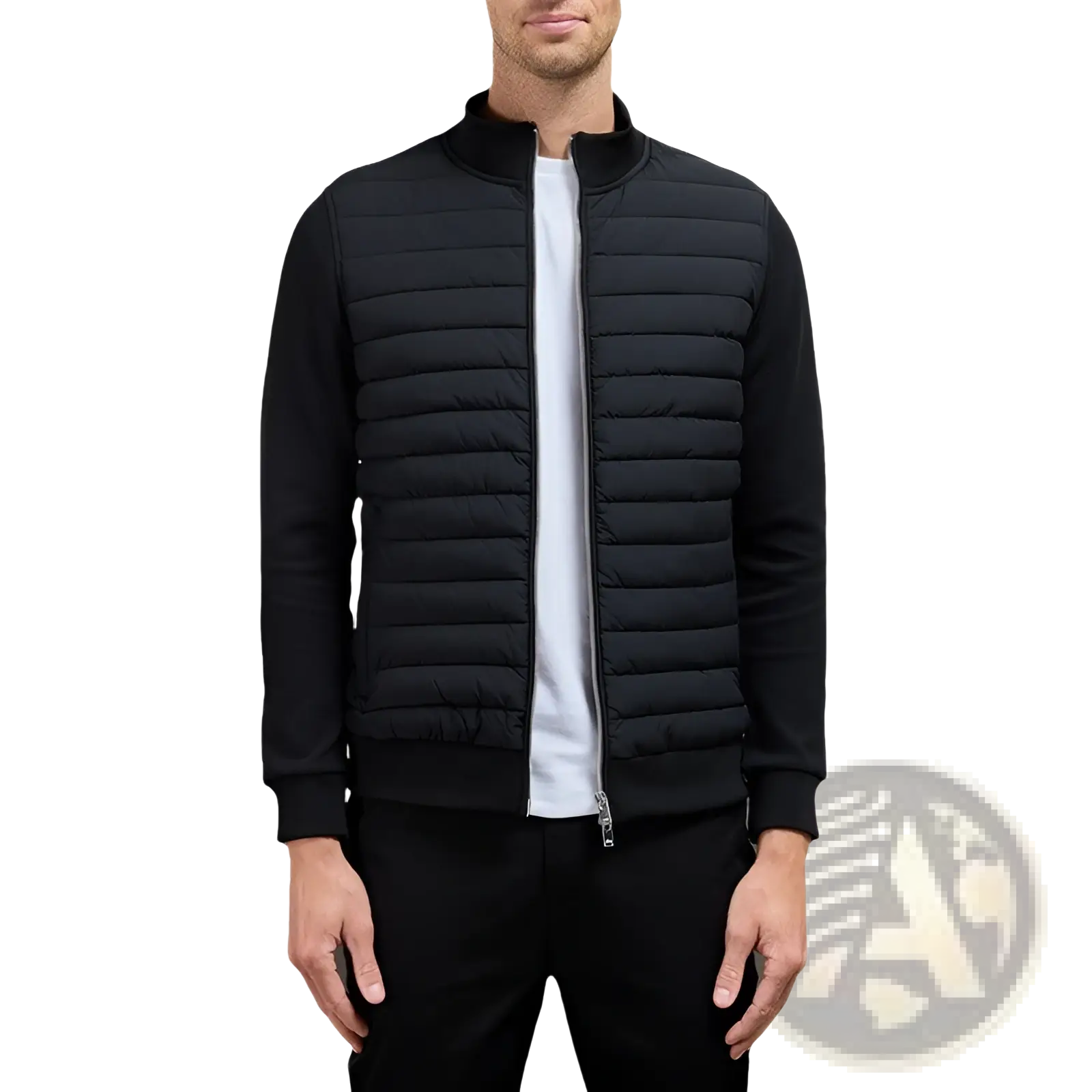 Men’s black quilted lightweight bomber jacket with stand collar and full-length zipper in nylon material