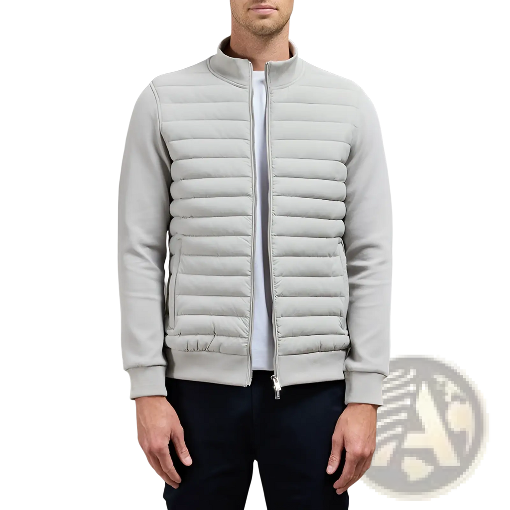 Men’s light gray quilted lightweight bomber jacket with stand collar and full-length zipper made of puffer material