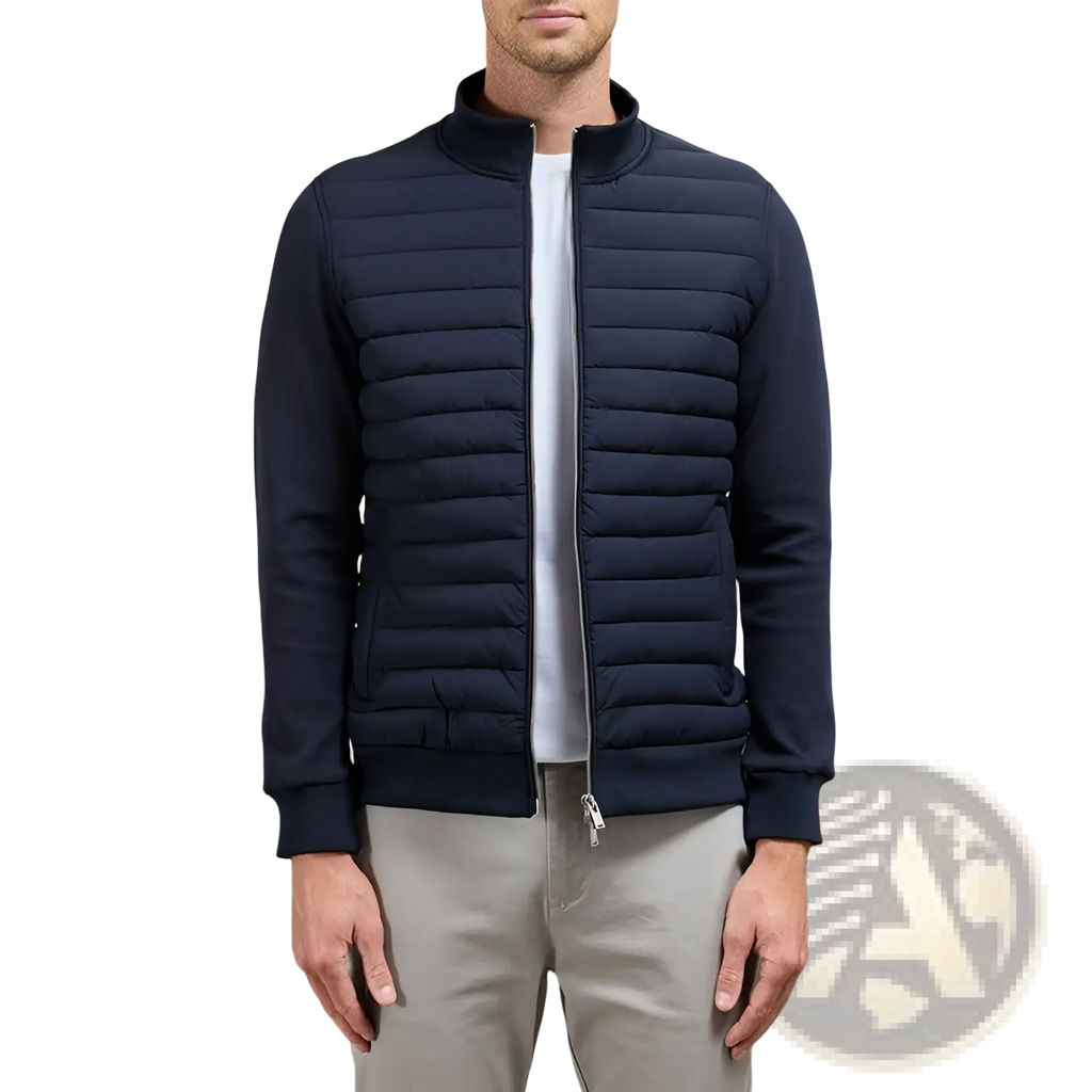 Men’s navy blue quilted lightweight bomber jacket with ribbed cuffs hem and stand collar in durable fabric