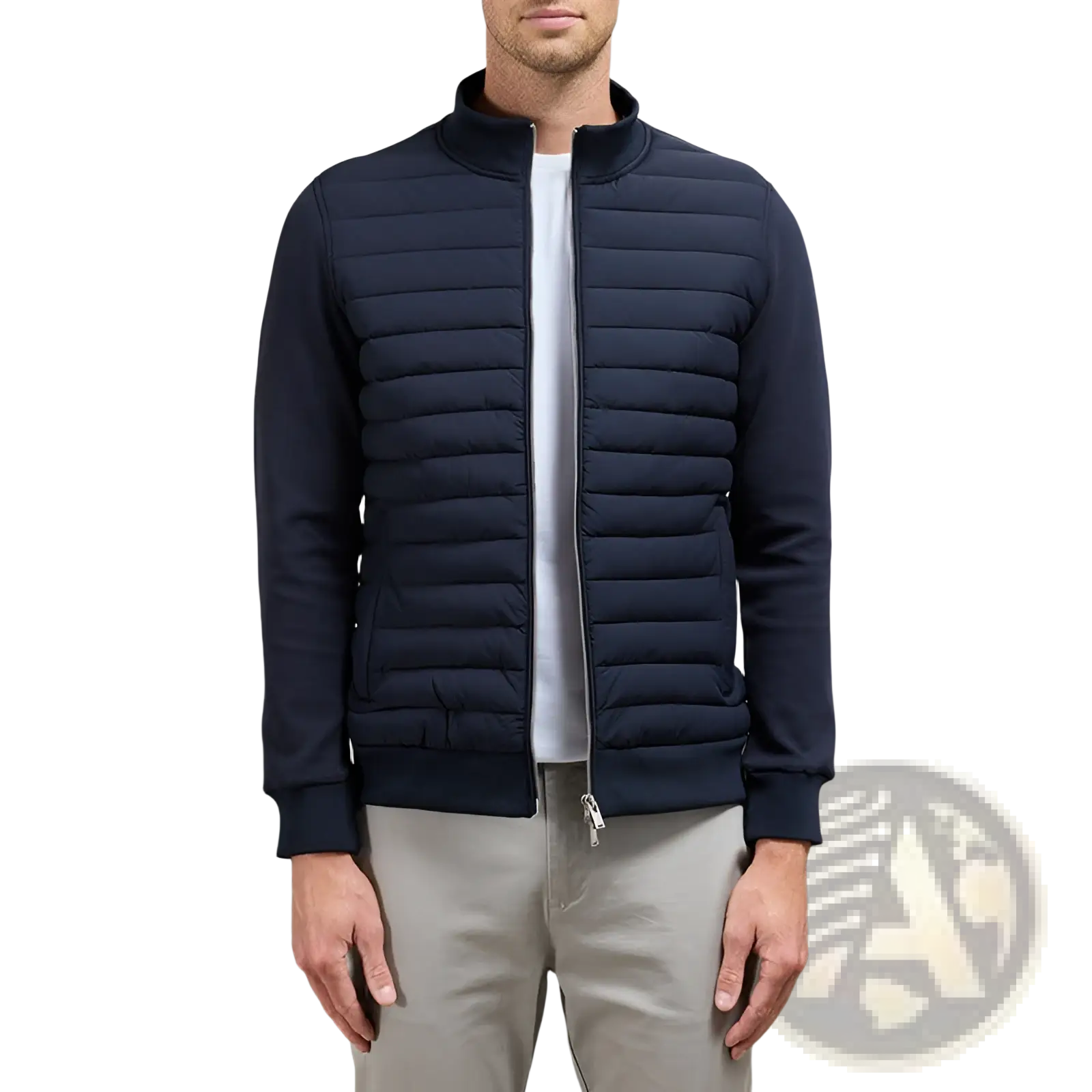 Men’s navy blue quilted lightweight bomber jacket with ribbed cuffs hem and stand collar in durable fabric