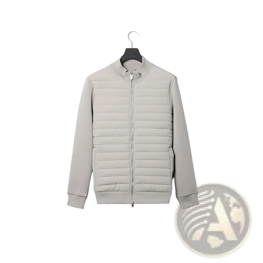 Men’s quilted lightweight bomber jacket in light gray with full-length zipper and ribbed cuffs made of quilted material