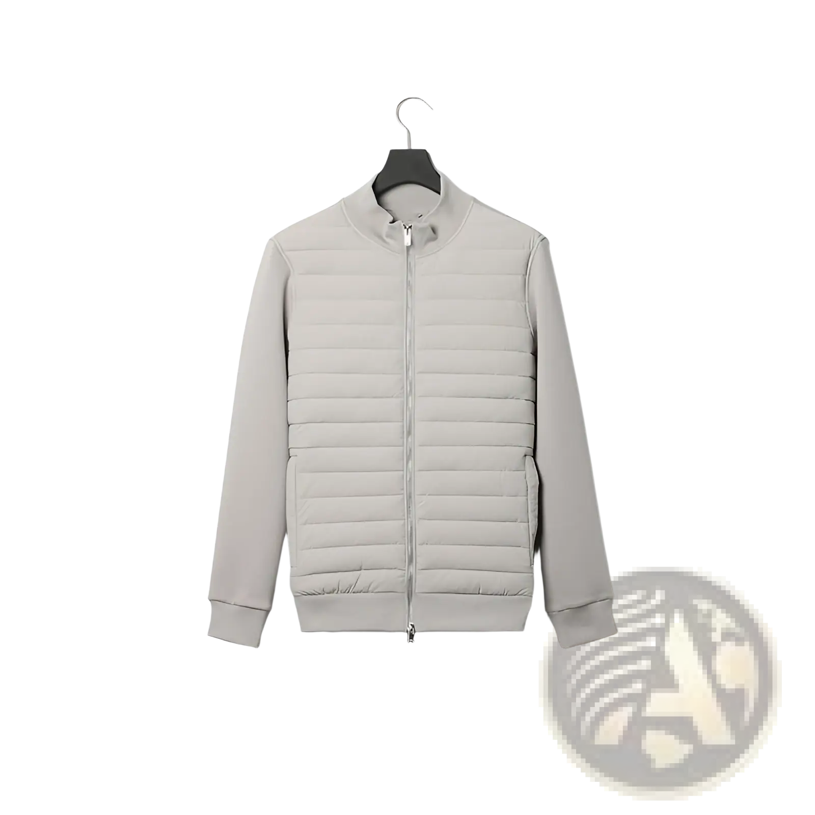 Men’s quilted lightweight bomber jacket in light gray with full-length zipper and ribbed cuffs made of quilted material