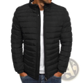 Men’s black quilted puffer jacket with stand collar and zipper closure made of insulated material for cold weather