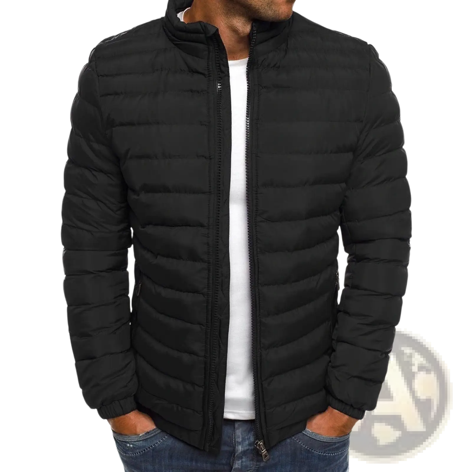Men’s black quilted puffer jacket with stand collar and zipper closure made of insulated material for cold weather