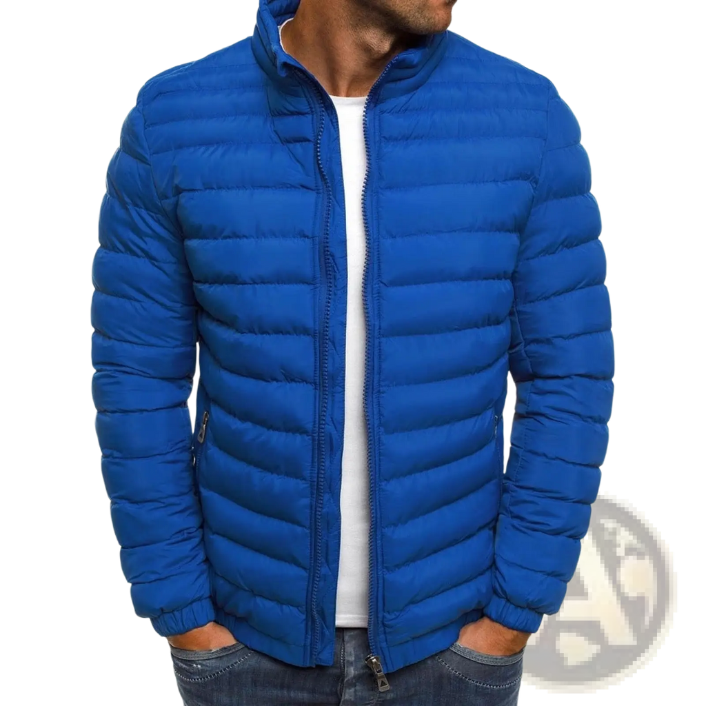 Men’s bright blue quilted puffer jacket with stand collar and zipper closure made of insulated material