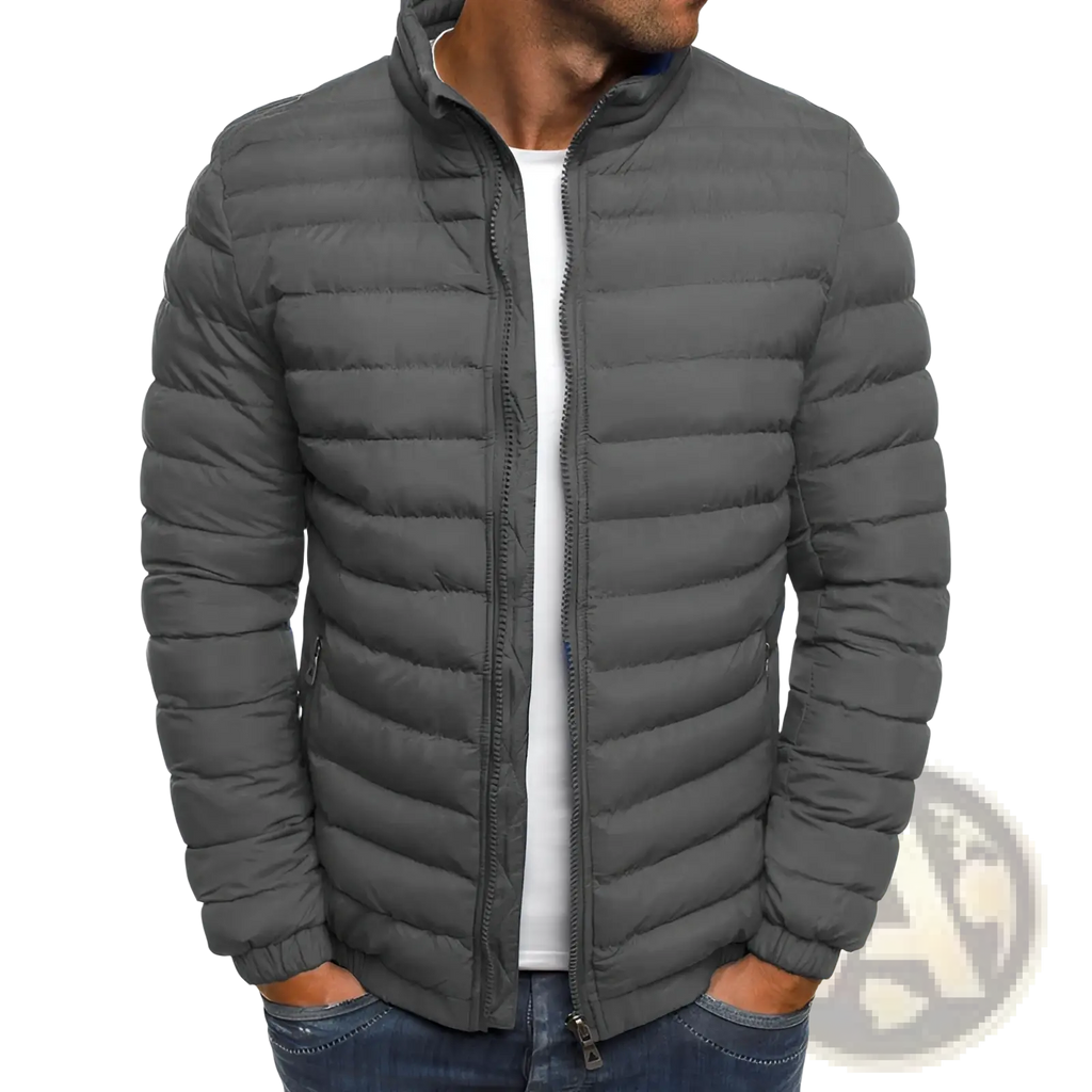 Men’s gray quilted puffer jacket with stand collar and front zipper designed for warmth and style