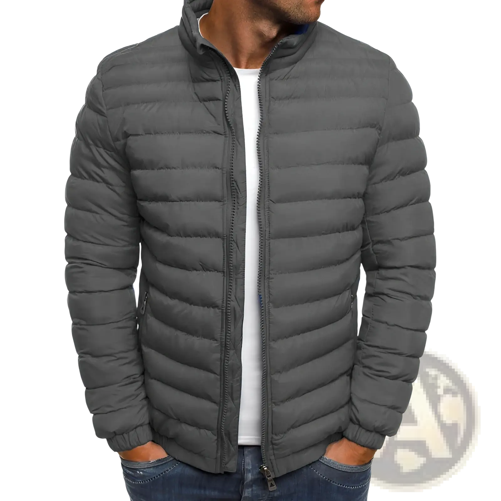 Men’s gray quilted puffer jacket with stand collar and front zipper designed for warmth and style