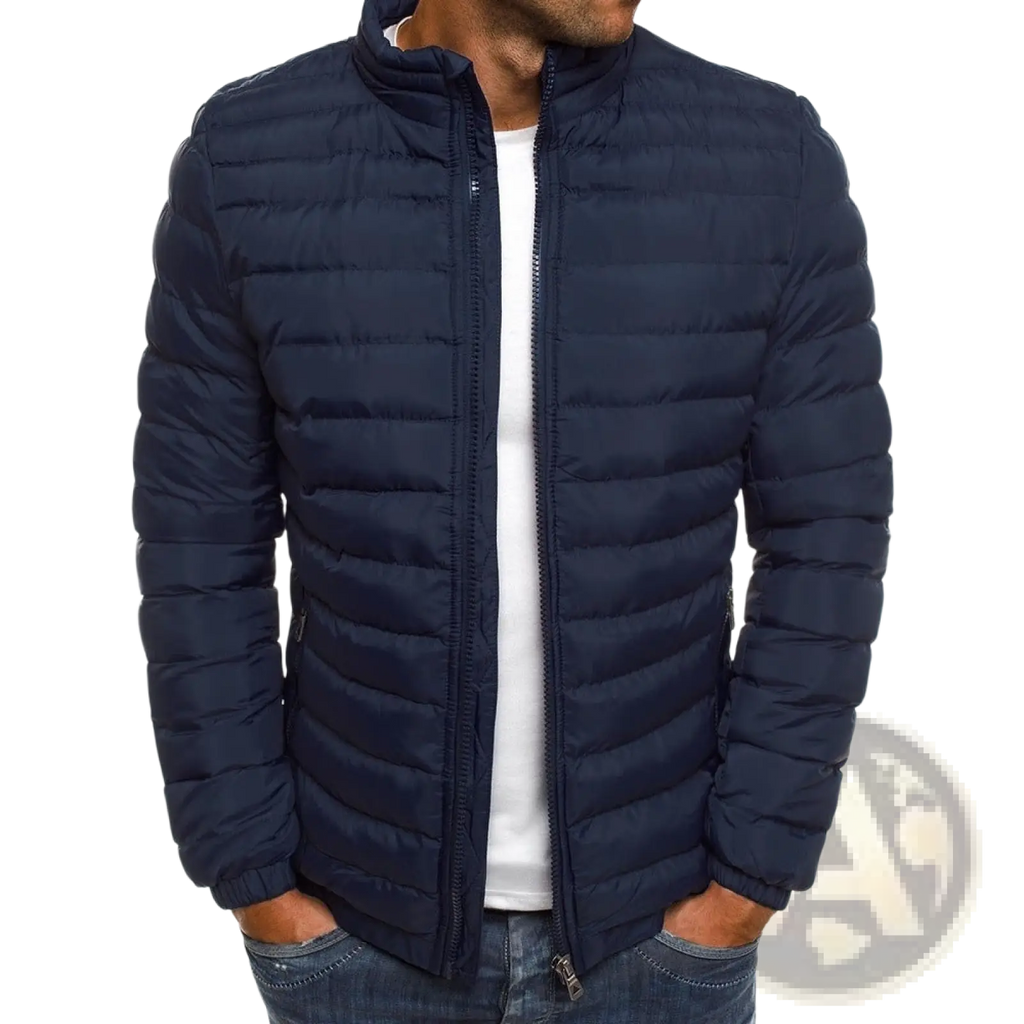 Men’s navy blue quilted puffer jacket with stand collar suitable for cold weather layering