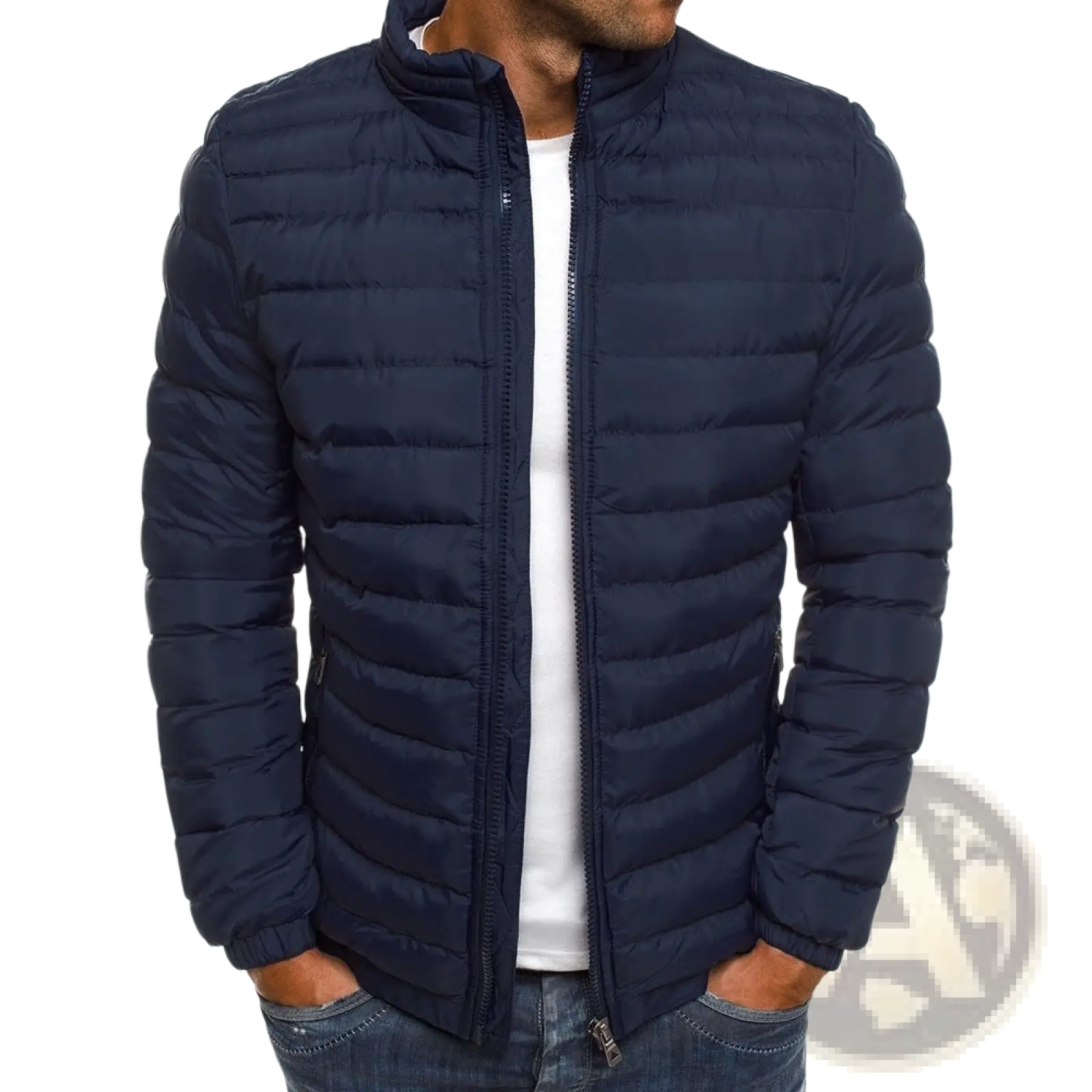 Men’s navy blue quilted puffer jacket with stand collar suitable for cold weather layering