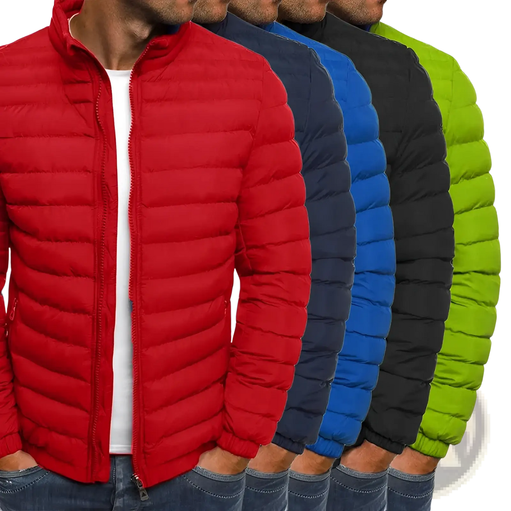 Men’s red quilted puffer jacket with stand collar and zipper closure made from insulated material for cold weather