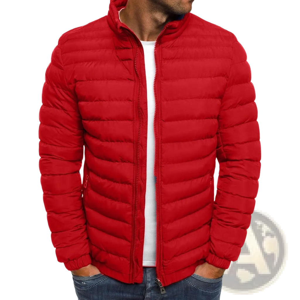 Men’s red quilted puffer jacket with stand collar, full-length zipper, and ribbed cuffs for warmth and style