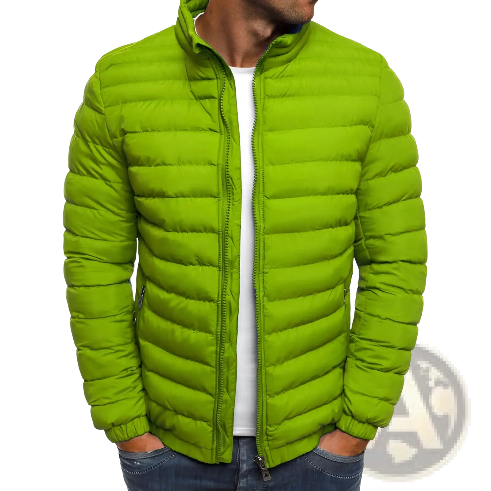 Men’s bright lime green quilted puffer jacket with stand collar and front zipper for cold weather wear