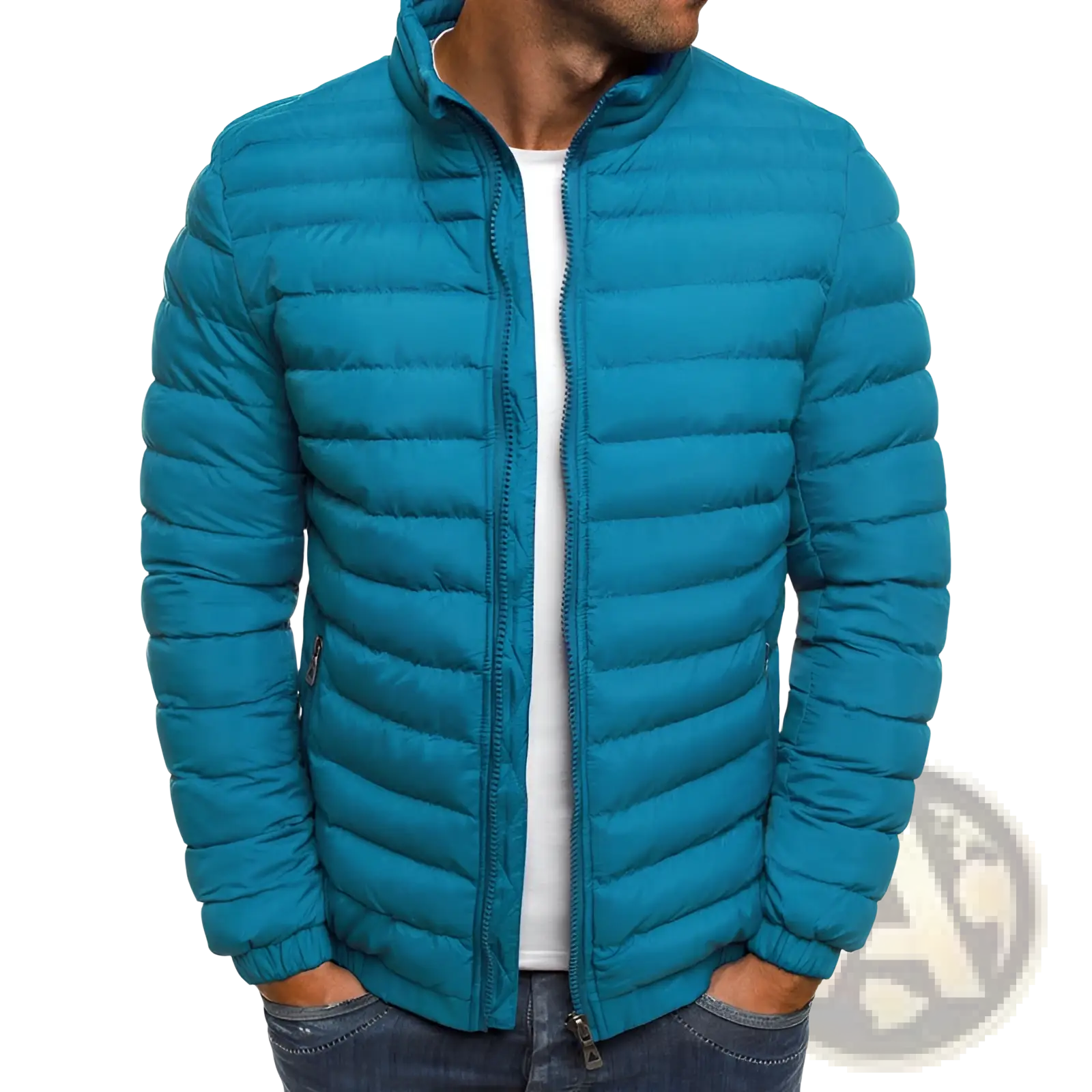Men’s teal quilted puffer jacket with stand collar high collar and zipper closure for cold weather wear